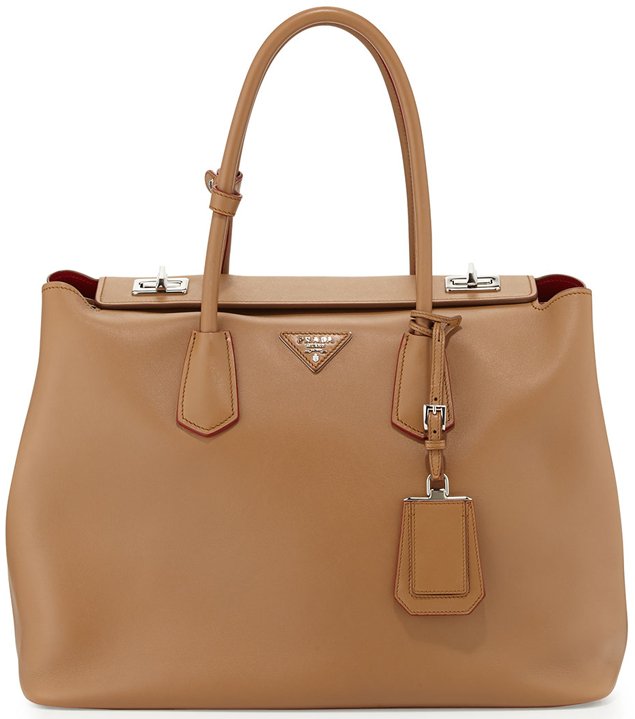 Prada Light Brown Saffiano Leather Cuir Covered Strap Double Tote