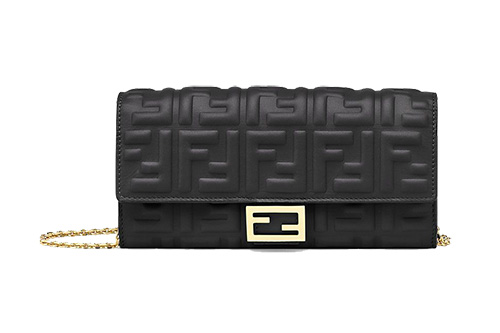 Fendi Nappa Leather Baguette Continental Wallet With Chain Black