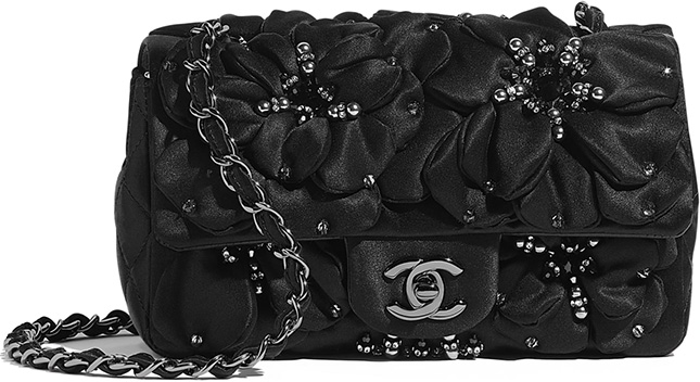 CHANEL, Bags, Chanel Black Silk Satin Mini Camellia Flower Silver Vegan  Babies First Bag