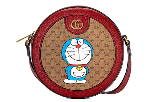 Gucci Brown Coated Canvas and Red Leather Doraemon Purse Box Gold Hardware, 2021 (Like New), Red/Brown Womens Handbag
