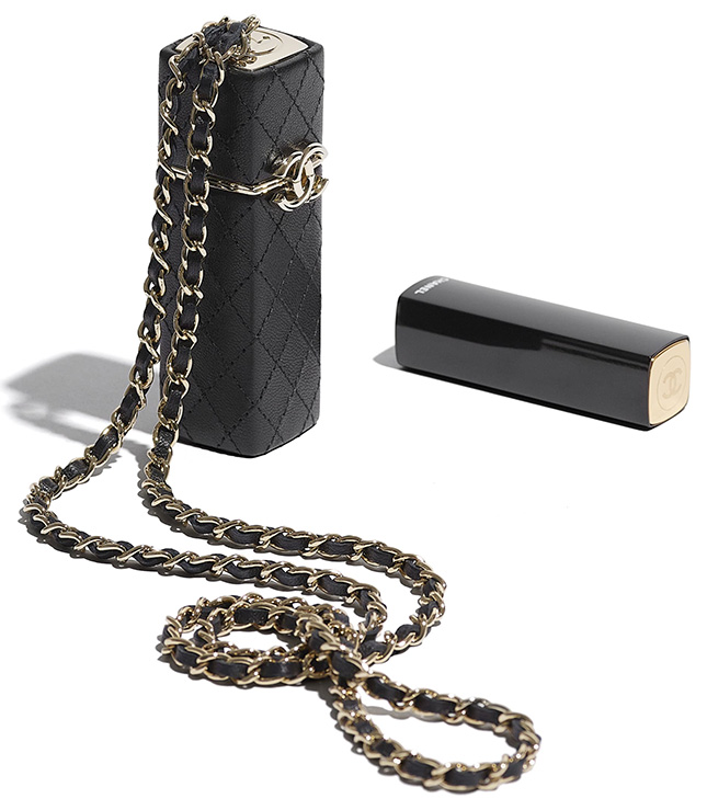 Bonhams : CHANEL BLACK LAMBSKIN LIPSTICK CASE WITH GOLD TONED CHAIN  (Includes authenticity card and original dust bag)