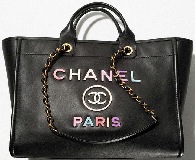 Chanel Rainbow Black Tweed Deauville Tote Gold Hardware, 2022-2023 (Like New), Black/Pink Womens Handbag